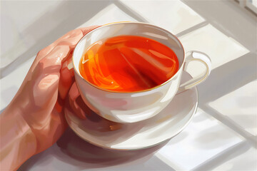 a cup of morning tea in hand in close up