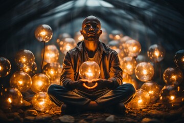 Surreal human figure in lotus pose surrounded by glowing light bulbs - whimsical metaphor