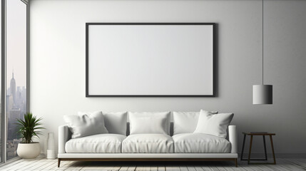 A well-lit living room with a blank white empty frame, showcasing a minimalist black and white photograph of a cityscape.