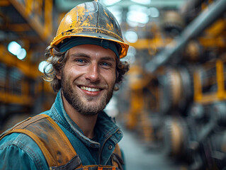 A young male worker in overalls and a hard hat smiles - obrazy, fototapety, plakaty