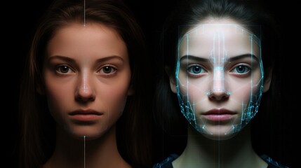 Face recognition technology scanning young businesswoman face biometric authentication, women scans Face ID for verified identities