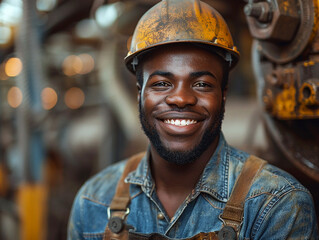 A black male worker in overalls and a hard hat smiles