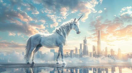 Obraz na płótnie Canvas A unicorn stands amidst a modern cityscape, a fantastical juxtaposition of myth and the corporate world