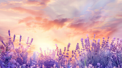 Sunset baths a field of blooming lavender in warm light, with a picturesque sky adding to the serene and colorful landscape.
