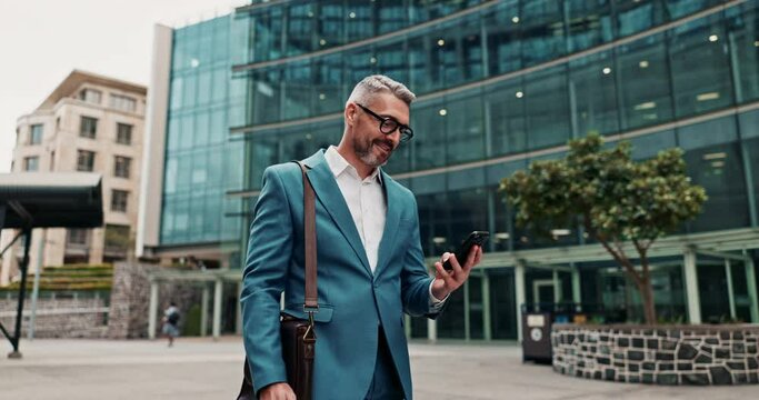 Businessman, smile and cellphone with city, commute with office for workspace. Mature man, happy and phone with glasses, notification and walk for corporate or b2b communication in cape town with ceo