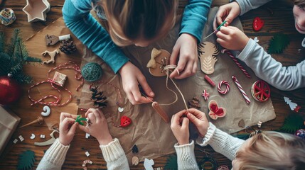 A group of children deeply engaged in creating festive handcrafted Christmas decorations on a wooden table.