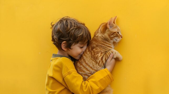 child with cat on yellow background