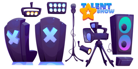 Talent show stage equipment set isolated on white background. Vector cartoon illustration of jury armchairs, microphone, video camera, loudspeakers, floodlight lamps for song or dance contest studio - obrazy, fototapety, plakaty