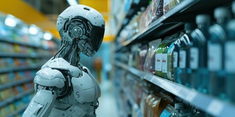 new normal Futuristic Technology in smart retail industrial concept using artificial intelligence, machine learning, 5g, augmented mixed virtual rality, robot in corona virus spread