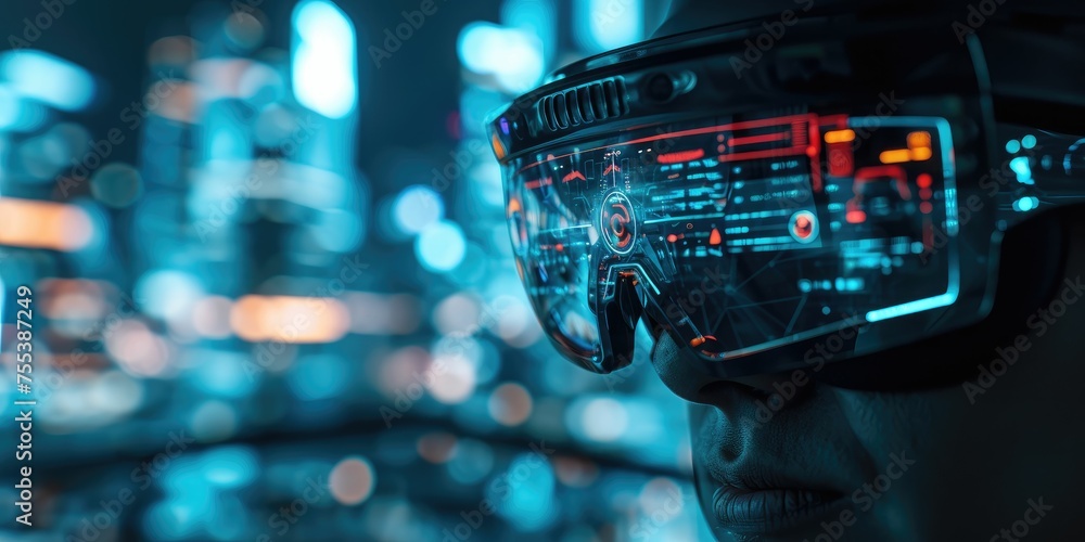 Poster new normal in futuristic technology concept in smart glasses use augmented mixed virtual reality wit