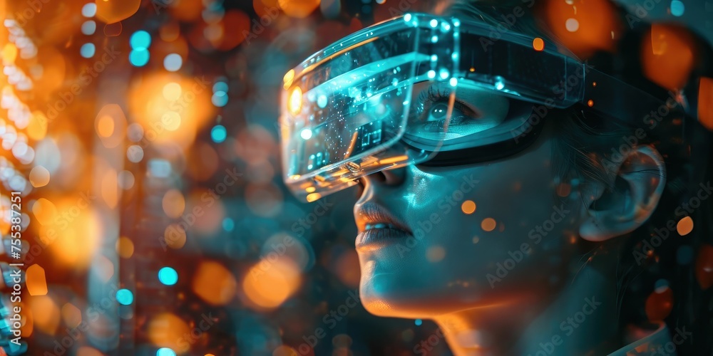 Poster new normal in futuristic technology concept in smart glasses use augmented mixed virtual reality wit