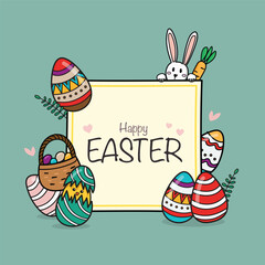 Happy Easter banner with bunny rabbit and eggs doodle style - 755387274