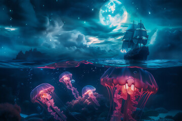 Ocean in half under water view with jelly fish and pirate sailing ship at night with moon