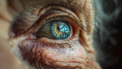 Macro shot of an elderly woman's eye, detailed and vivid, reflecting wisdom and stories.