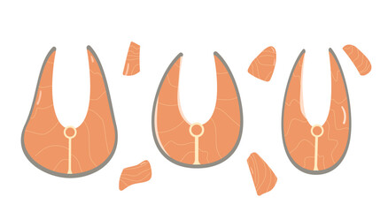 Salmon steak set. Red fish pieces. Healthy food Vector flat illustration isolated on white background