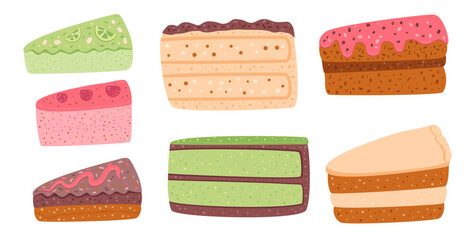 Slice of cakes set. Sweet bakery piece. Pastry dessert with cream. Vector pie flat illustration isolated on white background