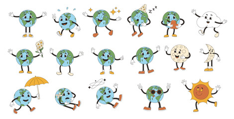 Obraz premium Earth sun, moon and cloud characters in rubber hose style. Retro planet mascots set isolated on white background. Vector illustration