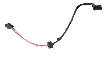 A cable of matted wires of different colors with connectors in the electrical wiring of the car. Internet line in the work of the provider.