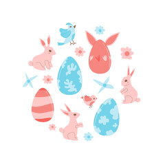 Easter eggs and rabbit circle composition isolated on white background. Bunny ears, birds with holiday elements round emblem. Vector flat illustration