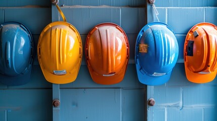 Safety helmets in a row hanging on the wall