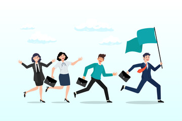 Businessman leader holding winner flag leading to success, leader determination to lead team to success, motivation to win together, direction forward for future success, victory or triumph (Vector)