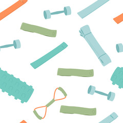 Fitness home workout equipment seamless pattern. foam sport roller and resistant band. Vector flat illustration