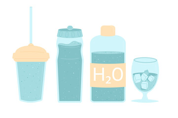 Water reusable containers set isolated on white background. Fresh clean drink in glass, sport bottle. Aqua healthy cold beverage. Stay hydrated. Vector flat illustration