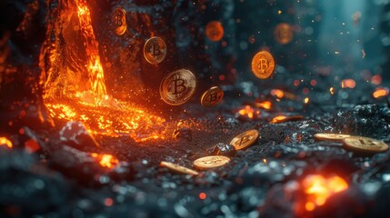 A symbolic representation of Bitcoin's volatility, with a coin half-submerged in glowing lava