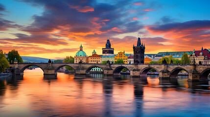 Scenic Panoramic View of Charles Bridge and Prague Castle during Sunset - obrazy, fototapety, plakaty