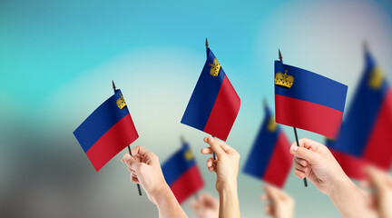 A group of people are holding small flags of Liechtenstein and Tobago in their hands.