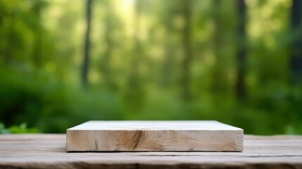 An empty wooden table top against the background of nature