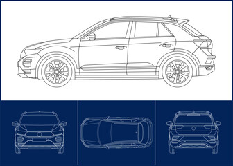 Car template. Transportation outline stroke template. Blueprint layout. Wrap sticker, air brush, vynils, recolor project. Vector eps 10