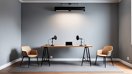 Minimalist office setup with a sleek desk, modern wicker chairs, and stylish black lamps.