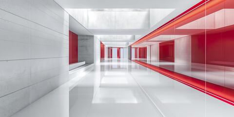 A lengthy hallway is featuring a prominent red door and several windows along the walls