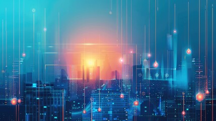Fototapeta premium Futurist city IOT internet of thing ICT DX digital technology, cyber security power energy sustainable metaverse city. AI generated for ads