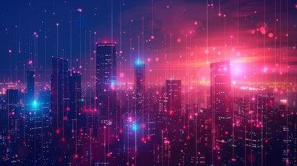 Obraz premium Futurist city IOT internet of thing ICT DX digital technology, cyber security power energy sustainable metaverse city. AI generated for ads