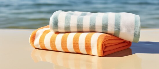 Two vibrant orange and white towels are neatly laid out on top of a sandy beach, ready for beachgoers to use after a refreshing swim in the ocean.