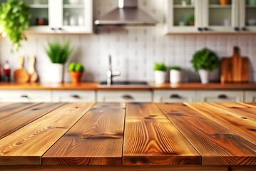 Wooden Tabletop Against a Defocused Kitchen Background