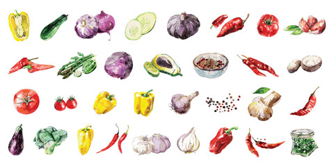 Watercolor drawing of various vegetables and spices, including tomatoes, peppers, and onions. Concept of abundance and variety, showcasing the diverse range of ingredients that can be used in cooking