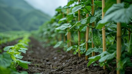 The plantation homes filled with juicy cucumbers hoisted up in strips by bamboo stickes and space, Generative AI.