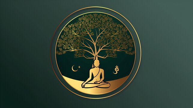 Gold buddha Meditate under Bodhi tree circle on green background, Golden Bouddha logo, Gold Buddha Meditate under Bodhi Tree Circle, Generative Ai