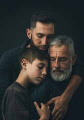 Generations of men embracing in a portrait.Three generations of men in a close embrace, showcasing emotional connection and family bonds