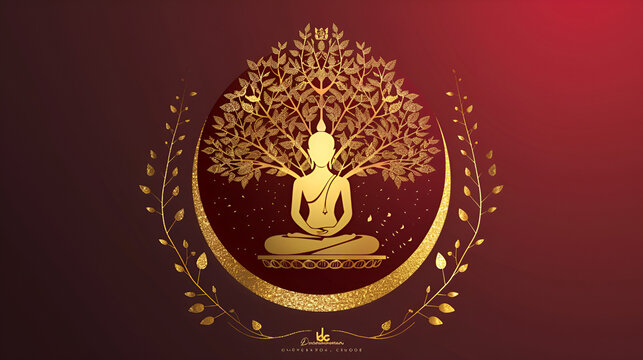 Gold buddha Meditate under Bodhi tree circle sign style vector, Golde Bouddha logo, Gold Buddha Meditate under Bodhi Tree Circle, Generative Ai