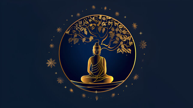 Gold buddha Meditate under Bodhi tree circle on Blue background, Golden Bouddha logo, Gold Buddha Meditate under Bodhi Tree Circle, Generative