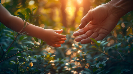 Father and little son holding hands in sunlight, generative ai