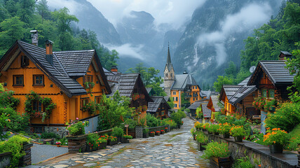 Fototapeta na wymiar Quaint village street with traditional houses against misty mountain backdrop.