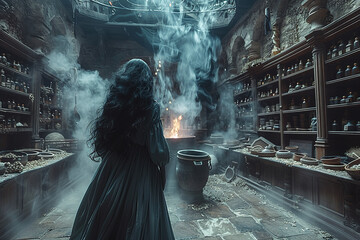 Witch brewing potions and casting spells in her spooky lair - obrazy, fototapety, plakaty
