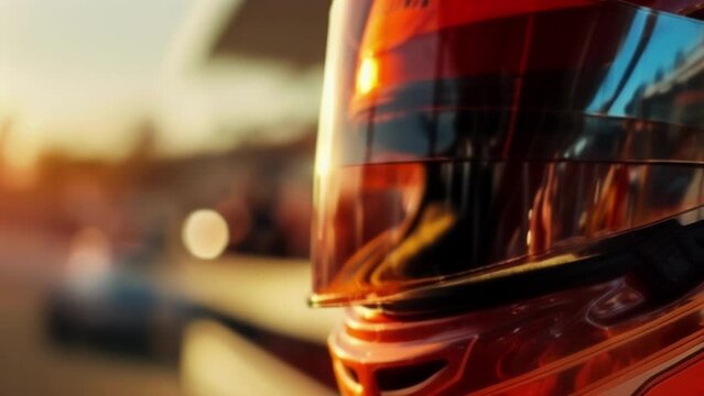 A closeup of a drag racers helmet as they lower their visor their eyes focused and determined.