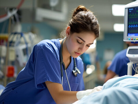 Compassionate medical nurse in blue uniform attentively cares for a patient in the ICU. Professionalism and empathy at work.