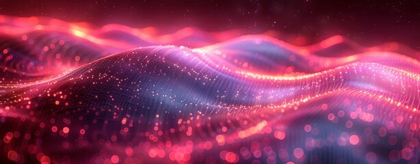 Illustration of a digital landscape with flowing red and blue waves dotted with glowing particles